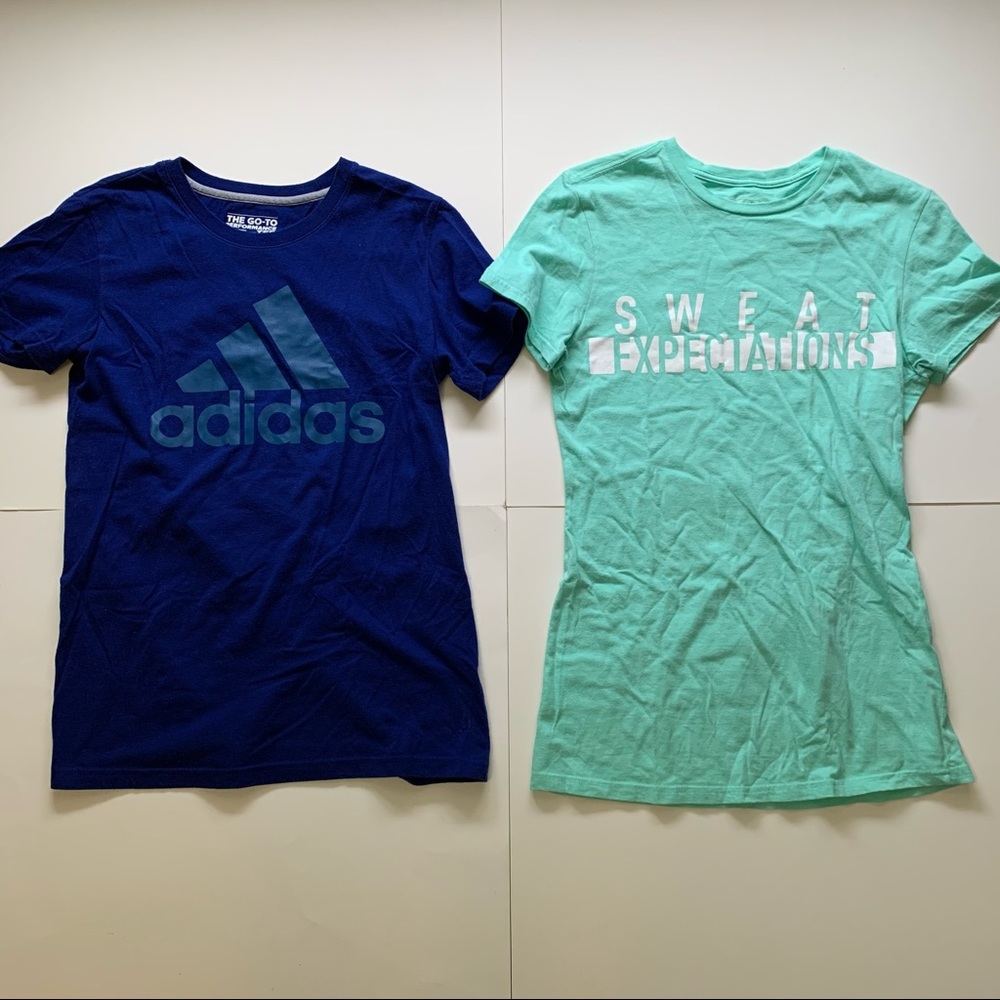 2 Adidas Blue and Green T-Shirts